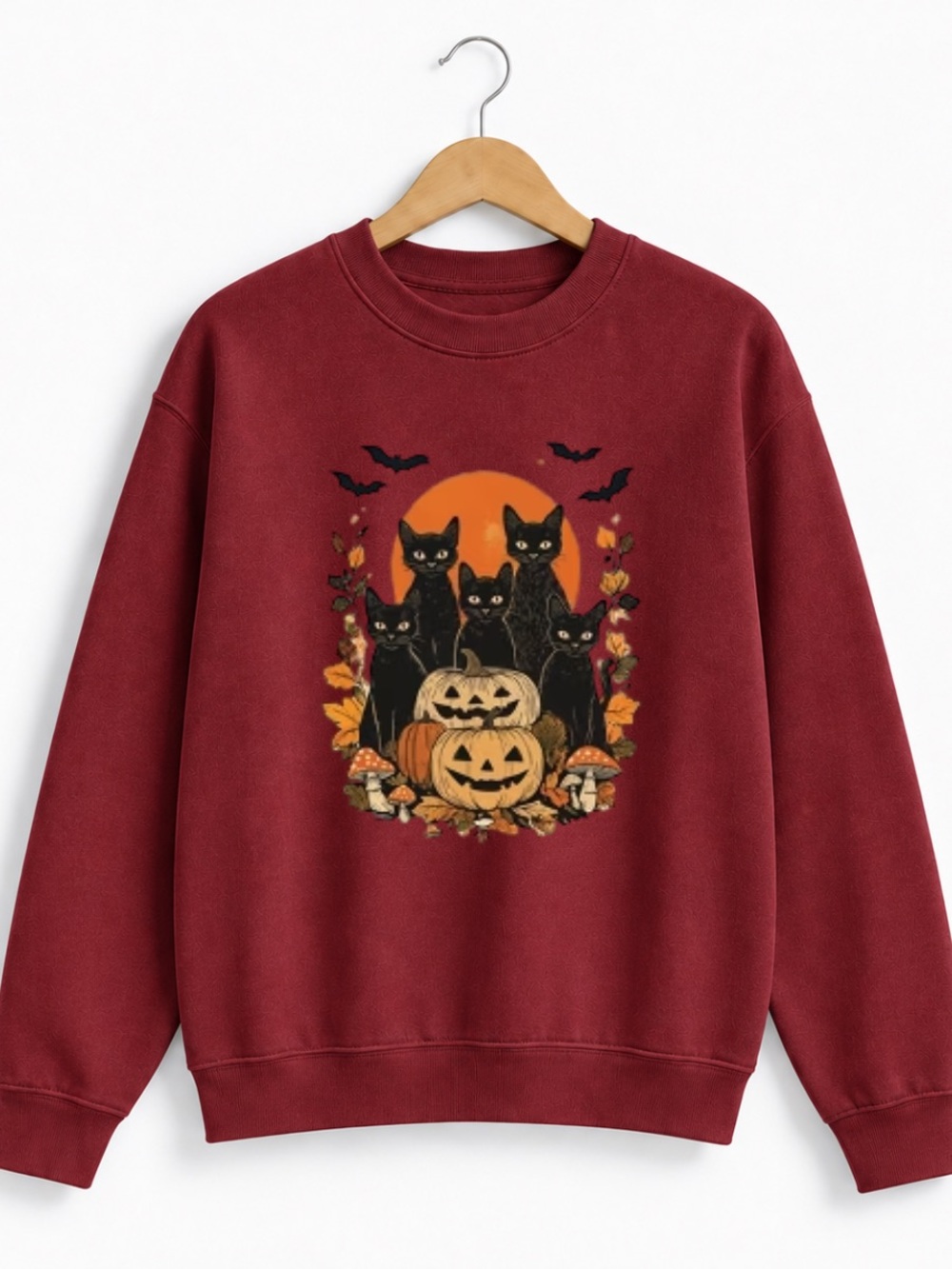 Gildan Burgundy Halloween Black Cats Graphic Sweatshirt